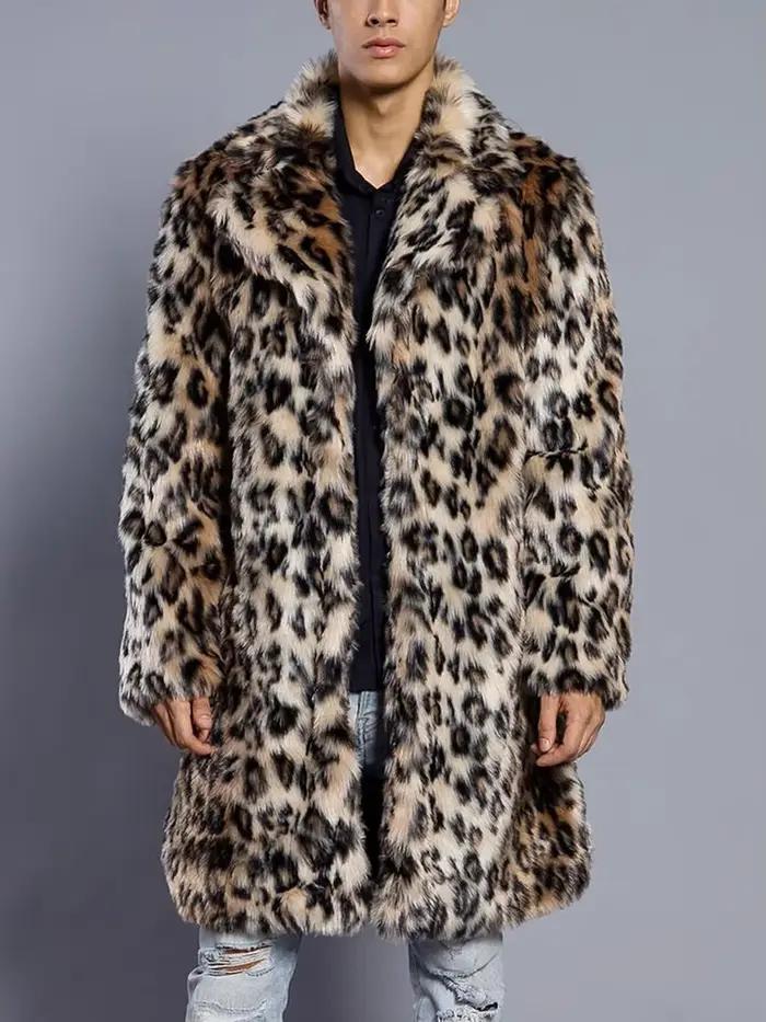 Manteau long en fausse fourrure pour homme, col large, motif léopard, épais, collection automne-hiver 2022