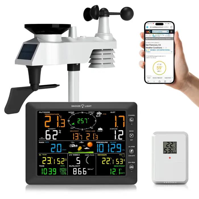 Urageuxy WiFi Station météo intérieure extérieure sans fil maison avec pluviomètre et vitesse du vent/directiontempérature humidité Weathe