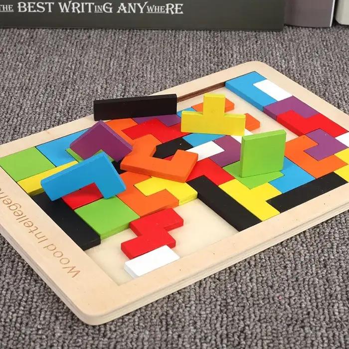 Ensemble de blocs de puzzle en bois, casse-tête, jouet Tangram, intelligence, blocs russes 3D coloré