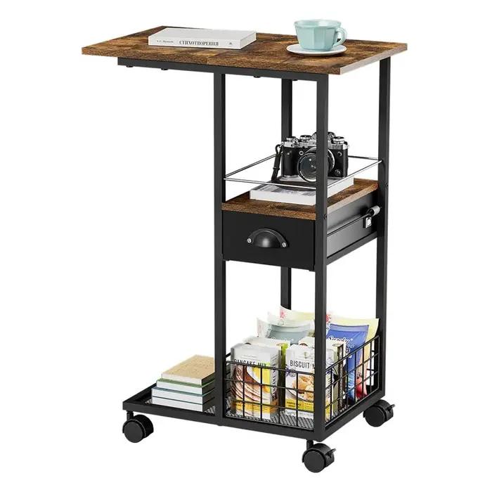 Table d'appoint moderne Vintage roulante, Table d'appoint compacte multifonctionnelle en forme de C