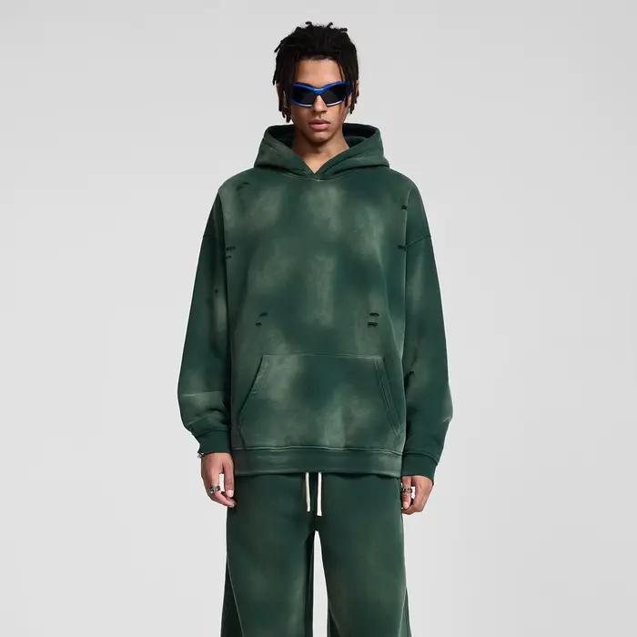 Sweat à capuche surdimensionné pour hommes, Streetwear Vintage, lavage à l'acide, déchiré, polaire lourde, pull épais, vêtements d'hiver