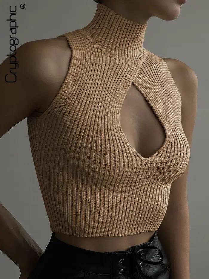 Cryptographic – haut court tricoté sans manches pour femmes, élégant, Sexy, découpé, à la mode, déba