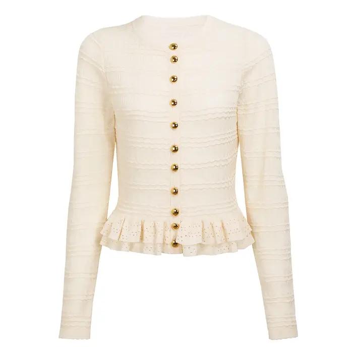 Haute qualité nouveau pull mode classique à volants bord tricoté élastique à manches longues Cardigan jupe sans