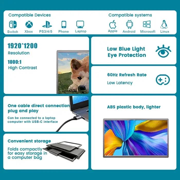 Écran portable double 14 pouces 1920x1200 IPS pliable USB-C pour ordinateur portable 13.3-17 pouces