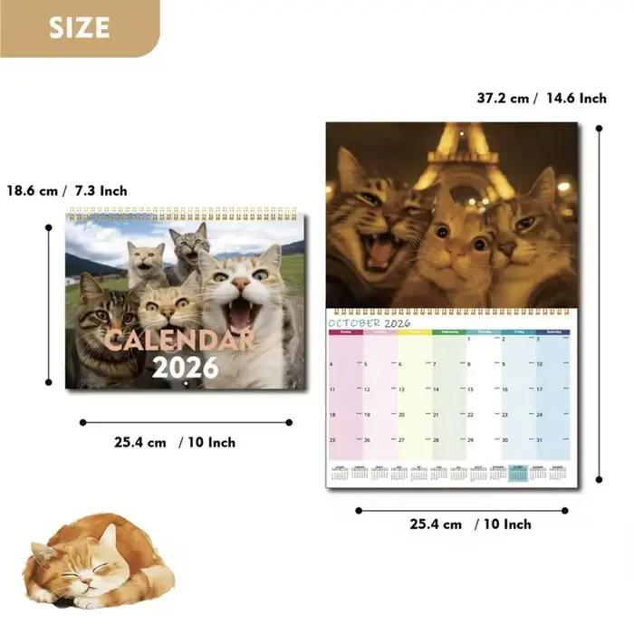 Calendrier Cat and Friends 2026 – Série Cat Selfie de 12 mois, édition anglaise, matériel papier, vue quotidienne, janvier à décembre