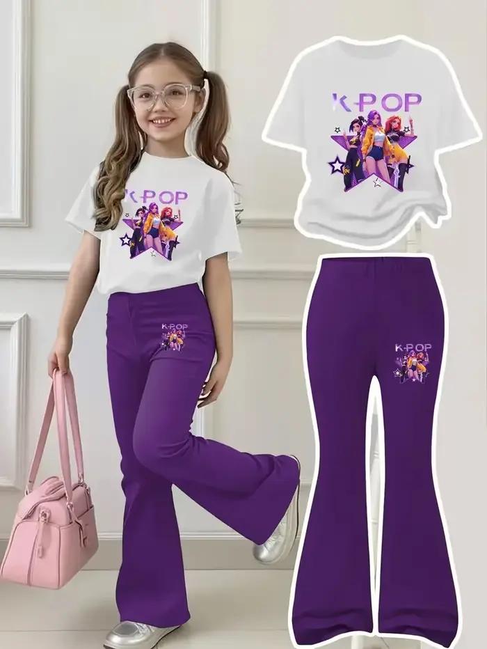 Tenue blanche et violette tendance pour filles de 4 à 12 ans : T-shirt à manches courtes et pantalon évasé !