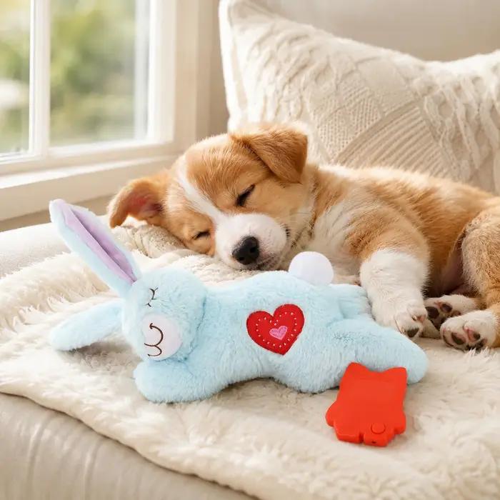 Jouet sonore de battement de cœur de chien pour soulager l'anxiété des chiots, jouet apaisant en peluche lapin, oreiller doux et confortable pour l'entraînement en cage des chiots de petite taille.