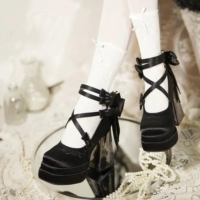 Kawaii 2025 nouveau Original Lolita talons hauts douce fille Satin nœud ruban élégant Mary Jane chaussures cristal talon