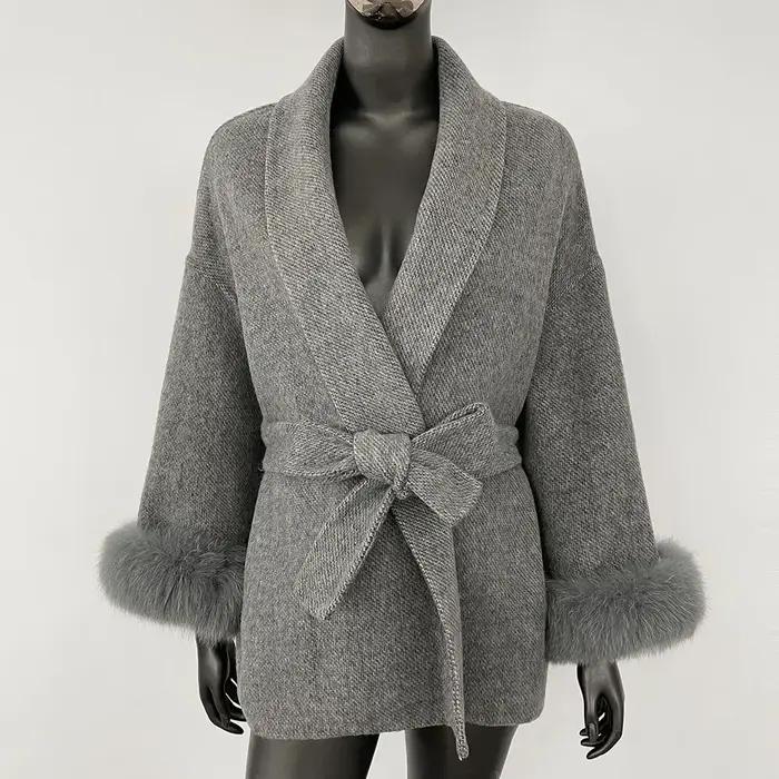 Tempérament d'hiver manteau en laine véritable court et Long poignets amovibles veste en fourrure de renard