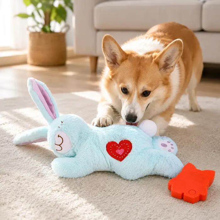 Jouet sonore de battement de cœur de chien pour soulager l'anxiété des chiots, jouet apaisant en peluche lapin, oreiller doux et confortable pour l'entraînement en cage des chiots de petite taille.