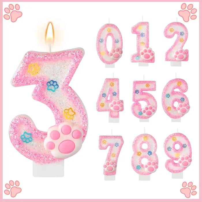 Décorations de gâteau et de cupcakes en forme de patte pour chien et chat, bougie de 3ème anniversaire, pour fête sur le thème des animaux, décorations d'anniversaire, fournitures pour célébrations