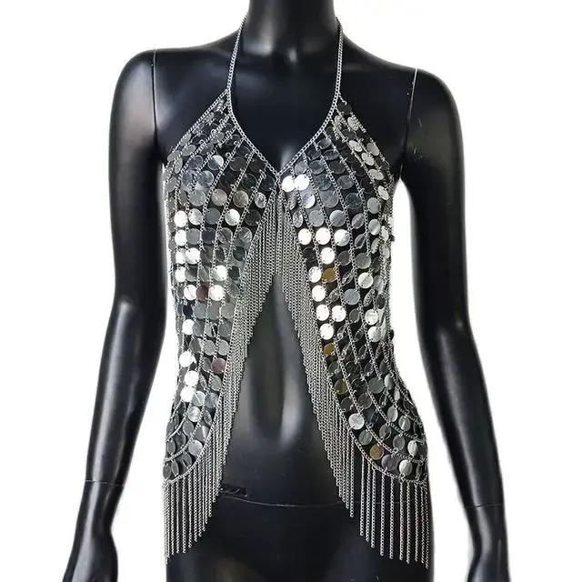 Haut court à paillettes FestivalQueen pour femmes, vêtement de danse bohème, soirée festive, tenue élégante et audacieuse, occasions spéciales, argent, or, noir