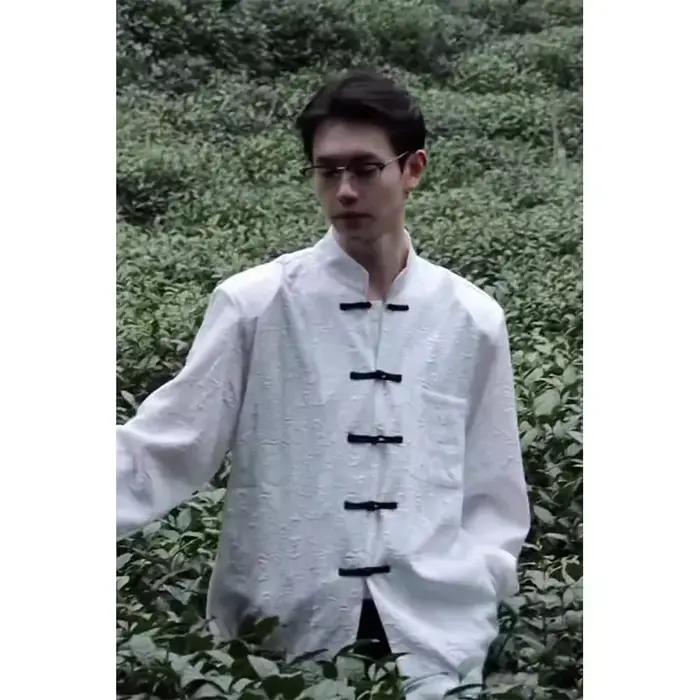 Chemise boutonnée à col montant Style chinois en polyester pour hommes avec broderie pour occasions décontractées printemps