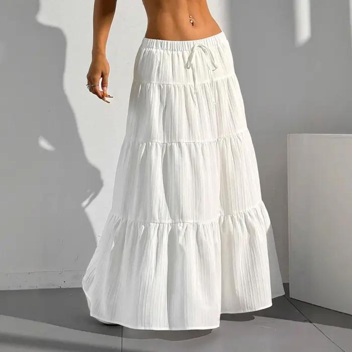 Vêtements pour femmes, nouveau produit, jupe mi-longue blanche avec cravate, grande balançoire, jupe longue ample pour femmes, été, 2025