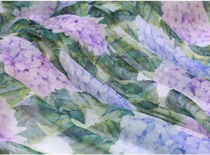 Tissu en mousseline de soie naturelle hortensia feuilles vertes peluche pour robe Tecido Tulle Seda bon marché bricolage