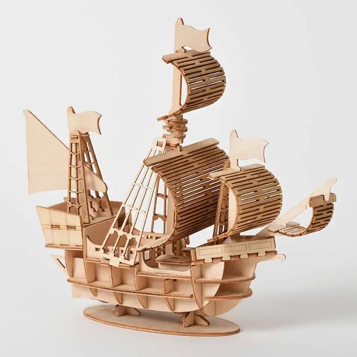 Bricolage 3d puzzle en bois pour assemblage Puzzle découpe Laser bateau à voile biplan Locomotive à