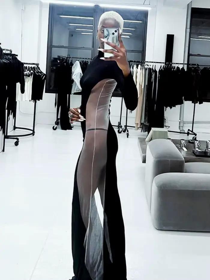 Robe transparente noire pour femme, pull long tambour, vêtements slim, streetwear sexy, patchwork en