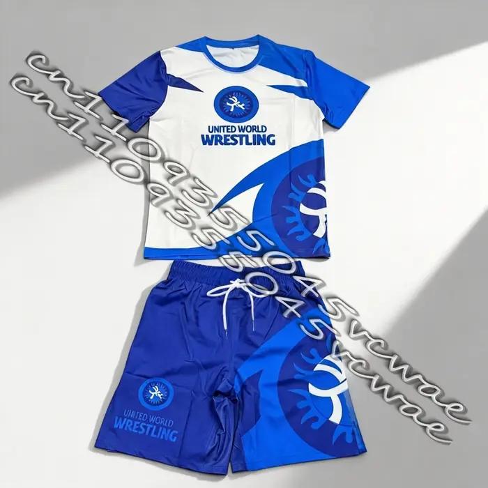 Nouvel ensemble sportif de lutte mondiale United World Wrestling pour hommes, rashguard et short gra