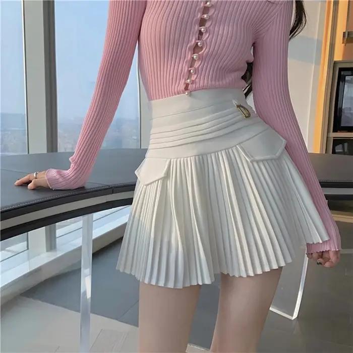 Zwarte Geplooide Rokken Vrouwen Hoge Taille Mini Rok métal lettre D Ontwerp a-lijn Clubwear Koreaanse Sexy Streetwear