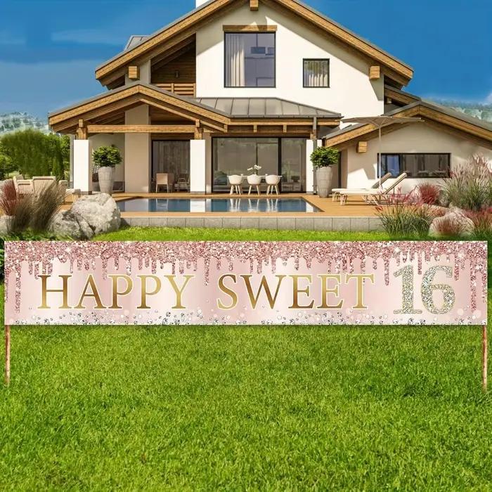 16e anniversaire "Banner Happy and Sweet Party – Décoration intérieure/extérieure en polyester