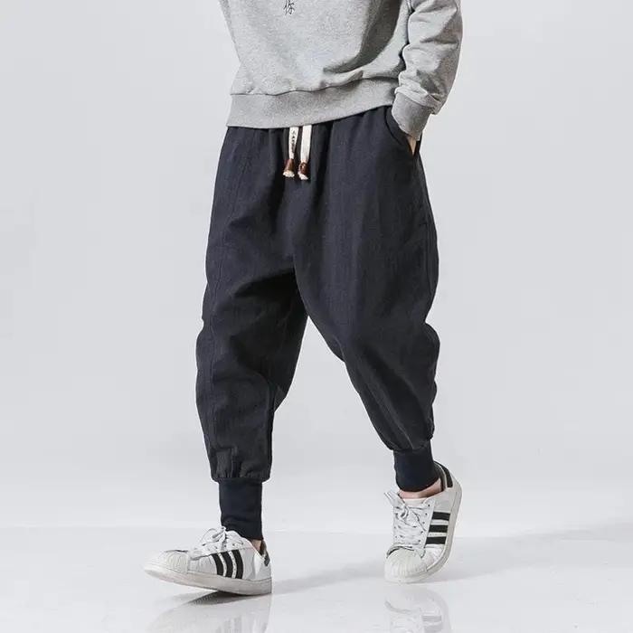 Coton lin sarouel hommes Streetwear Joggers nouveau Baggy goutte-entrejambe pantalon