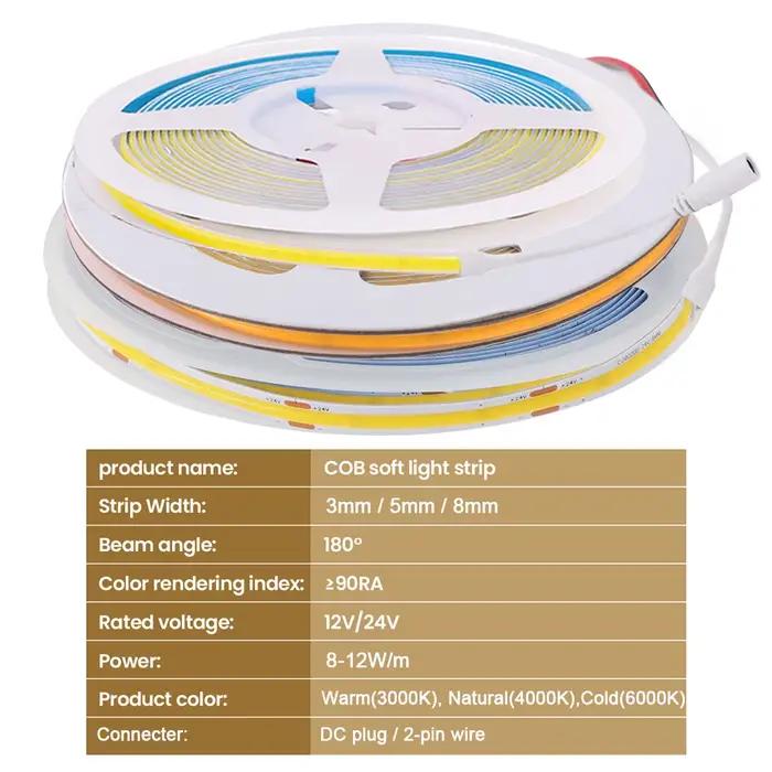 Bande lumineuse LED COB Ultra fine, 3mm, 5mm, 12V, 24V, 8MM, avec prise DC/2 broches, éclairage liné