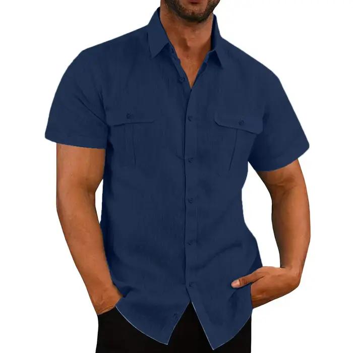 Chemises d'homme en lin et coton pour homme, col rabattu, style décontracté, manches courtes, solides et élégantes pour toutes les occasions estivales