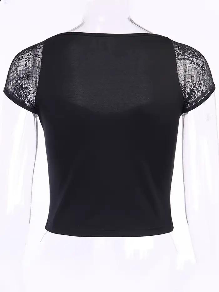 Vintage hauts Goth T-shirt femmes moulante pansement dentelle noir T-shirts gothique Streetwear Sexy