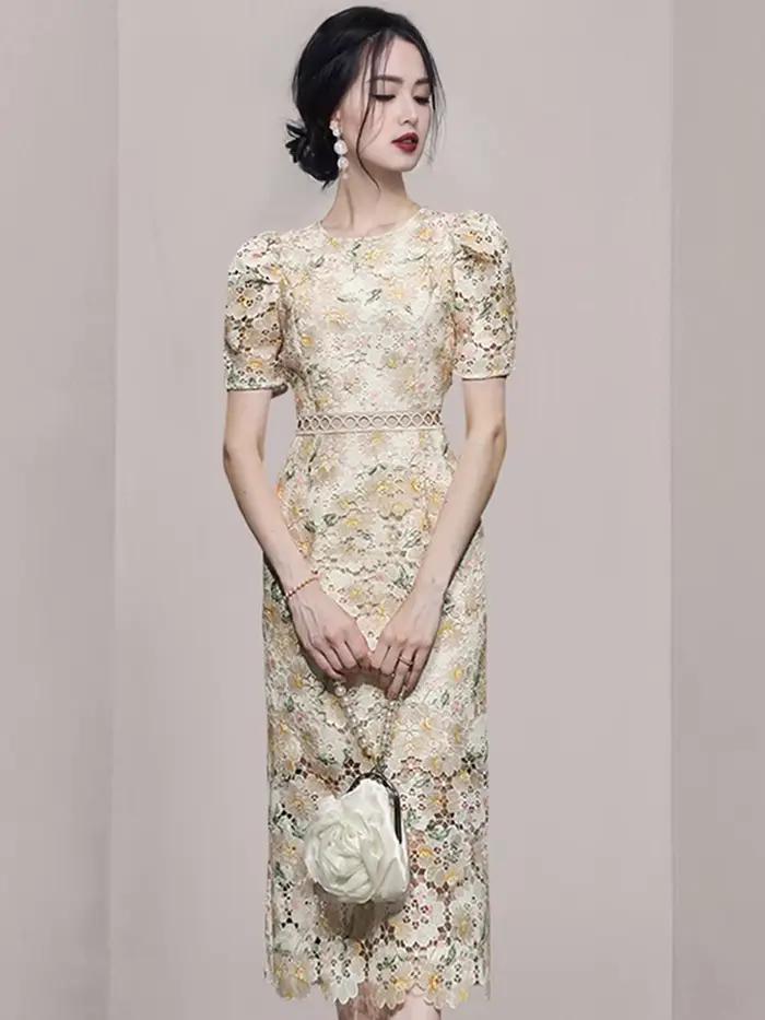 Robe fourreau en dentelle vintage pour femme, broderie florale, col rond, manches bouffantes, taille