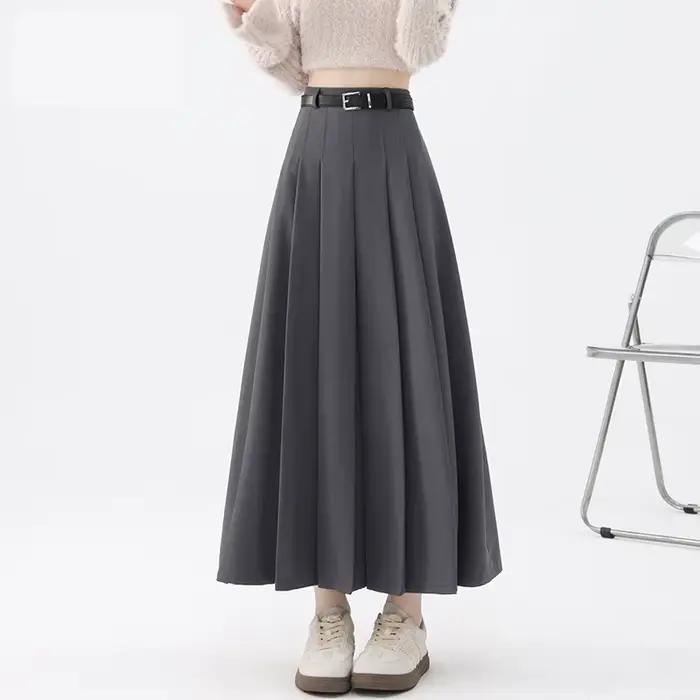 Jupe trapèze grise pour femme, taille haute, décontractée, en laine, longueur midi, pour le printemps et l'automne