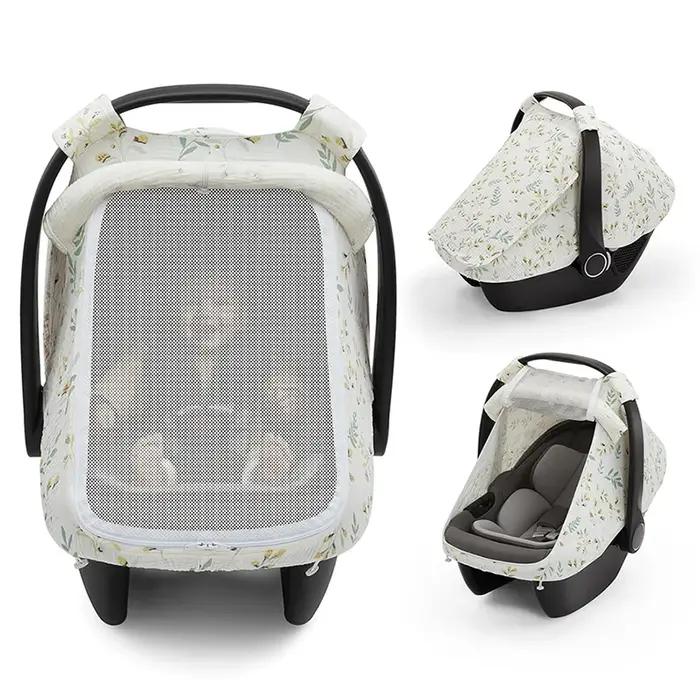 Housse de siège auto pour bébé en coton mousseline respirant avec grande fenêtre en maille, auvent d