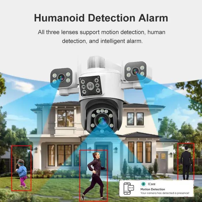 Caméra sécurité extérieure 8K 15MP 3 objectifs 3 écrans WiFi PTZ audio bidirectionnel étanche surveillance CCTV