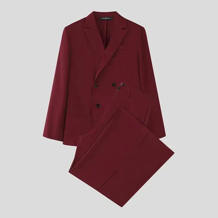 INCERUN hommes ensembles couleur unie Double boutonnage à manches longues Blazer et pantalon deux pièces
