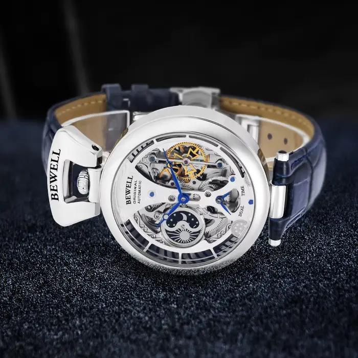 Montre automatique mécanique étanche haut de gamme bracelet cuir véritable fond transparent acier inoxydable