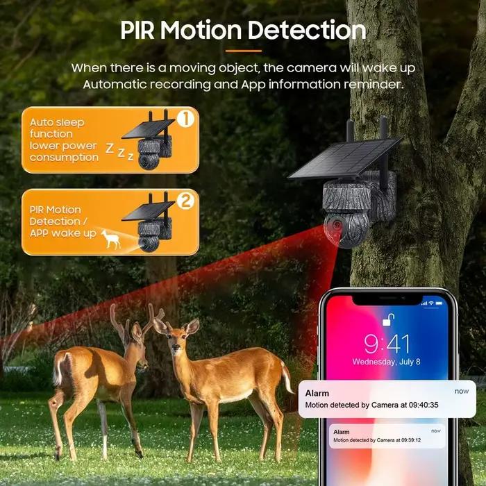 Caméra de suivi des sentiers sans fil à énergie solaire WIFI 4G, pièges avec alarme de vue en direct, détection humaine, caméra PTZ pour la chasse de sécurité à domicile