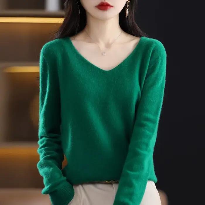 Pull en cachemire à col en V pour femme, 100% laine mérinos, pull basique, manches longues, tricots doux, document Y-Solid, vêtements d'automne et d'hiver