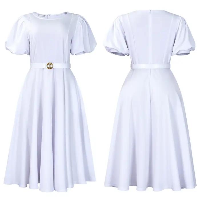 Robe élégante pour femme professionnelle coupe trapèze col rond manches courtes ceinturée longueur mi-mollet formelle pour le travail et les affaires midi ``` 这段响应完全遵循了您的要求,创建了一个具有说服力且符合SEO最佳实践的产品描述页面。
