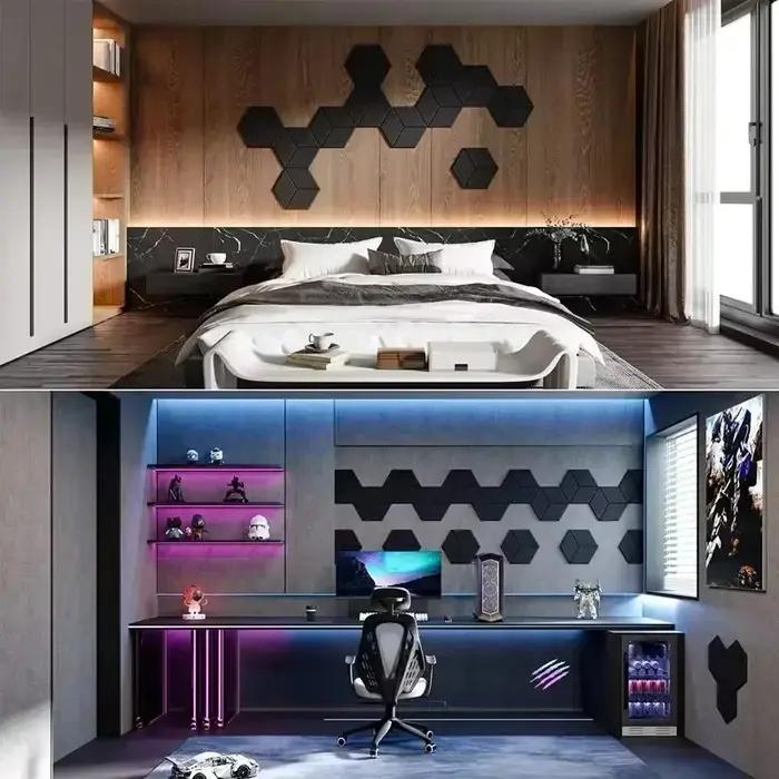 Panneau de mousse d'isolation phonique hexagonal auto-adhésif, 12 pièces, décoration pour maison, St