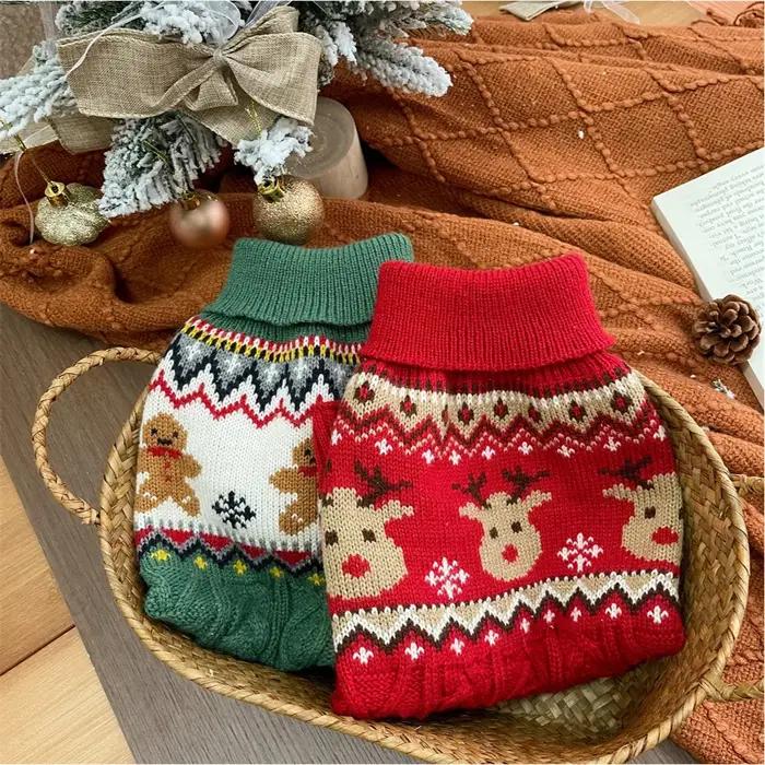 Noël rouge vert renne col haut pull doux pour chien chiot vêtements d'hiver