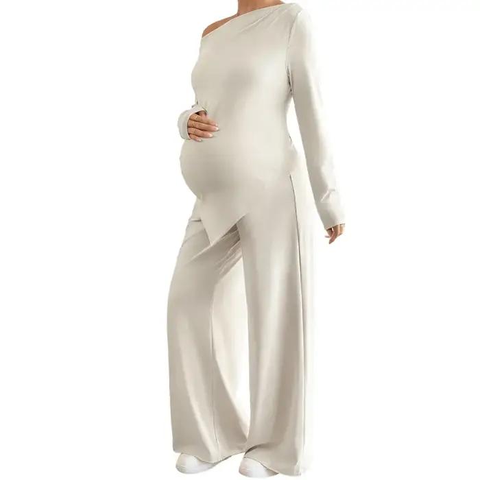 Ensembles de vêtements de maternité pour femmes enceintes, hauts à manches longues et à épaules dénudées avec ourlet irrégulier + pantalon, tenue décontractée de printemps pour la grossesse