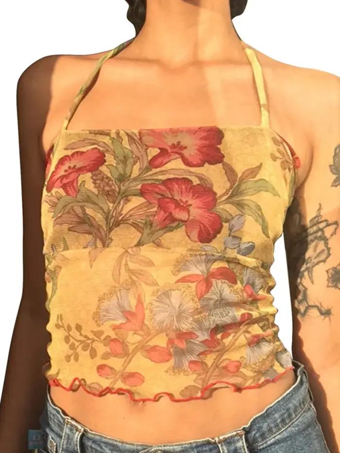 Y2K – T-shirt à fleurs transparentes en maille