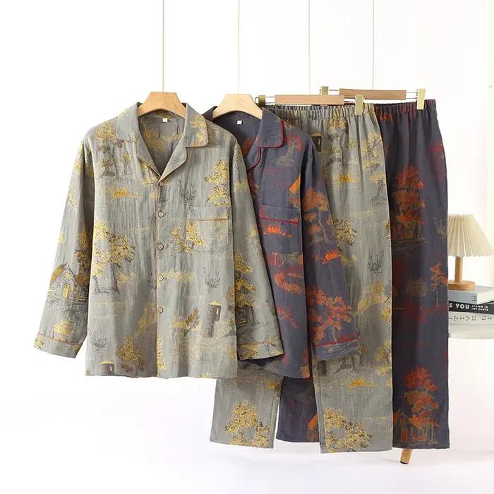 Vêtements de nuit pour hommes, vêtements de nuit imprimés de paysage teint en fil de gaze de coton, pour le printemps et l'automne, manches longues, ample, surdimensionné, costume de maison
