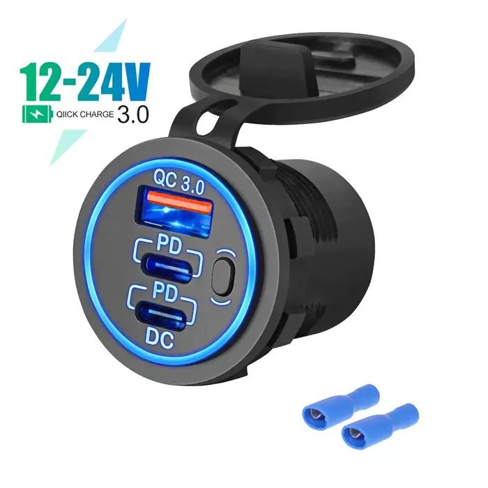Prise de courant de chargeur de voiture USB, 3 ports, 12V, 24V, interrupteur à bouton, touristes PD