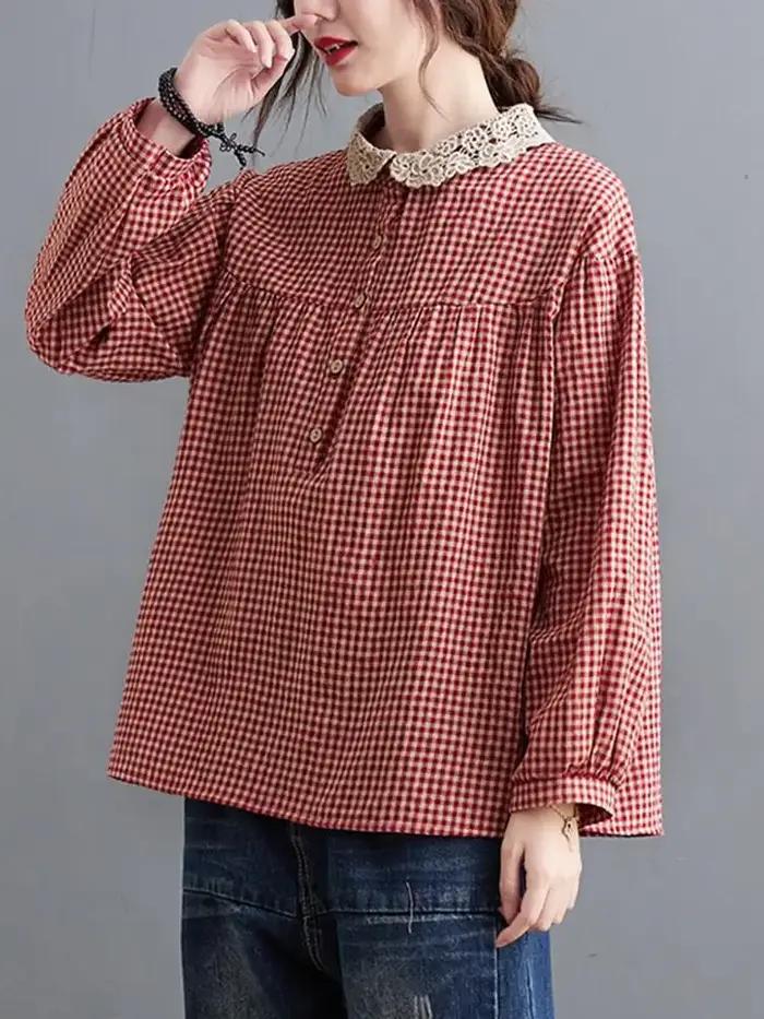 Chemise décontractée femme en coton plaid col dentelle style vintage pour toutes les occasions