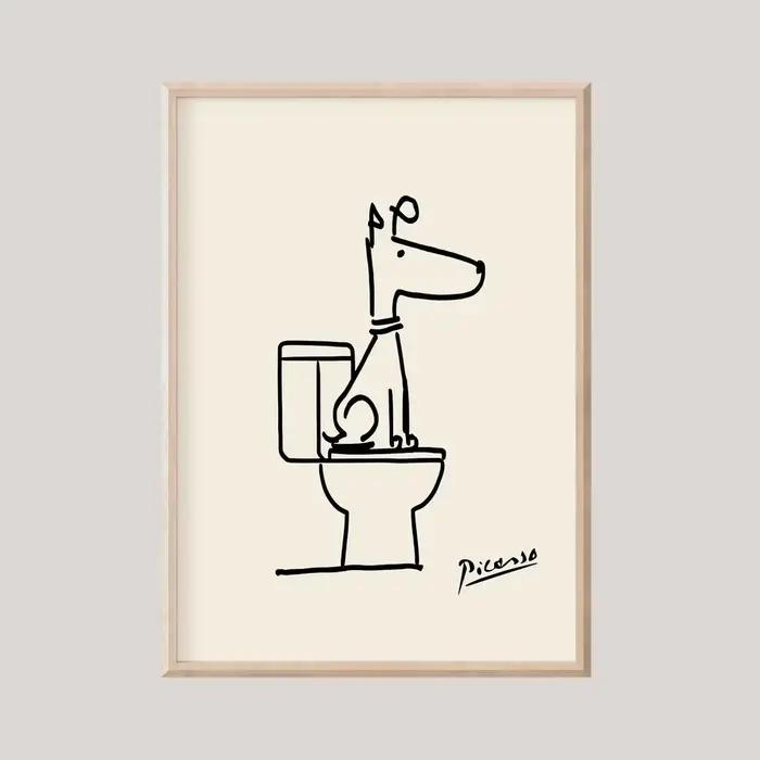 Impression d'art mural Chien dans une baignoire, Affiche de salle de bain en ligne graphique, Impres