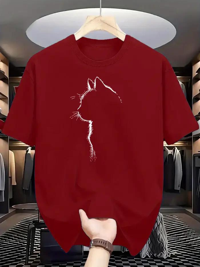 T-shirt homme en coton pur col rond avec motif chat pour faire du sport et sorties décontractées