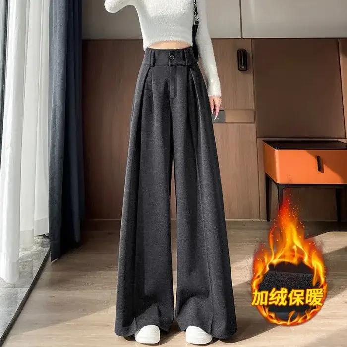 Pantalon large en laine gris pour femme, coupe droite, ample et fluide, longueur ras du sol, en molleton épais, idéal automne-hiver