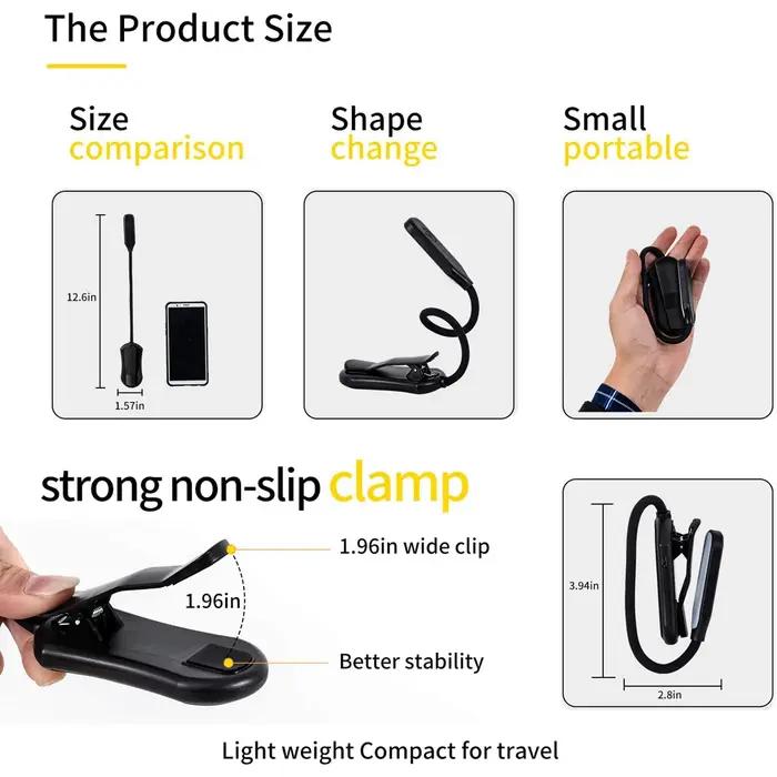 7 LED livre lumière USB Rechargeable lampe de lecture 3 niveaux chaud blanc froid lumière du jour Po