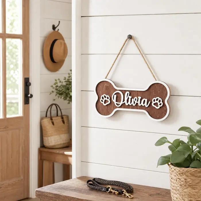 Panneau en bois personnalisé en forme d'os avec nom de chien, plaque nominative personnalisée pour animal de compagnie, décoration murale personnalisée avec nom de chien pour les amoureux des animaux,