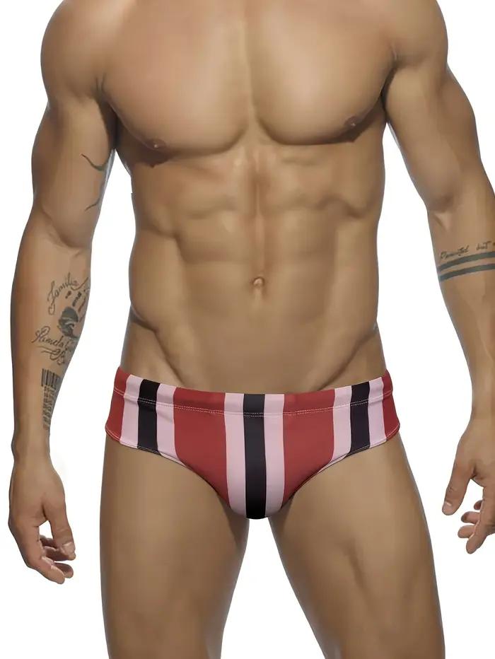 Maillot de bain triangle rayé contrasté à séchage rapide pour hommes, maillot de bain très extensibl